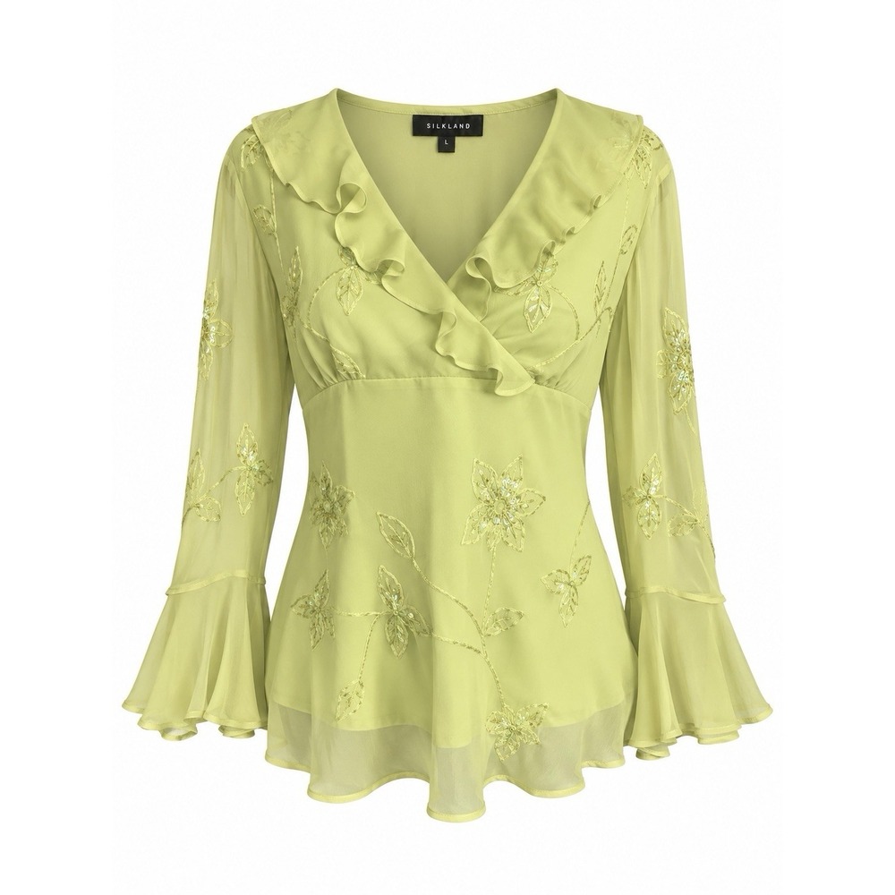 Vintage Y2K Silkland 100% Silk Embroidered Babydoll Blouse Forest Fairy Sz L